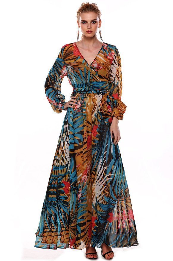 F2440-1 Womens V Neck Tropical Flower Printed Chiffon Long Sleeve Beach Dress